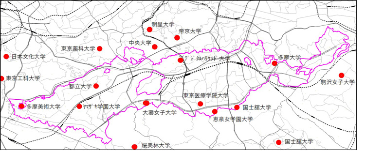 多摩ニュータウンと周辺地域の大学の立地状況